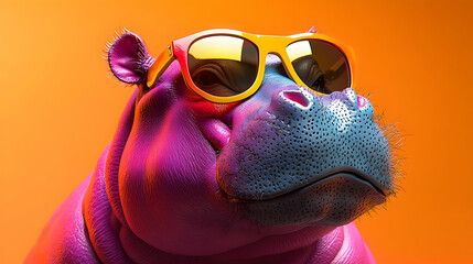 Poster - A colorful cartoon hippo wearing sunglasses against an orange backdrop.