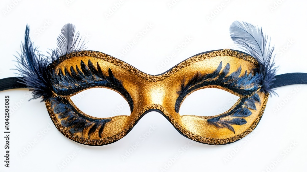 Gold and black masquerade mask with a bold feather accent, perfect for ...