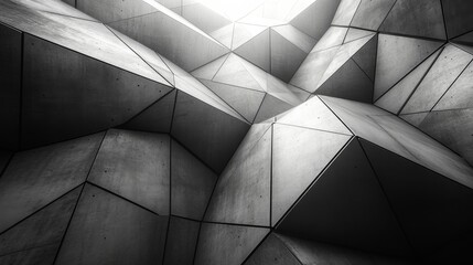 Poster - The intricate design features sharp angles and geometric shapes in a modern architectural structure, illuminated by natural light. The interplay of shadows highlights the texture of concrete surfaces.