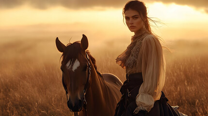 Wall Mural - A woman stands beside a horse in a golden sunset landscape.