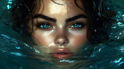 Poster - A close-up portrait of a person with striking features in water.