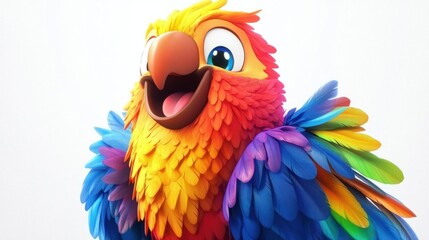 Colorful cartoon parrot with rainbow feathers, perched happily with a big grin, isolated on white background