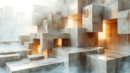 Aufkleber - The artwork depicts a captivating abstract environment featuring illuminated blocks surrounded by a mist that enhances the surreal feel.