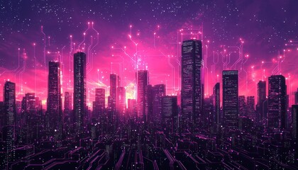 Poster - Futuristic Cityscape with Neon Circuitry and Starry Sky