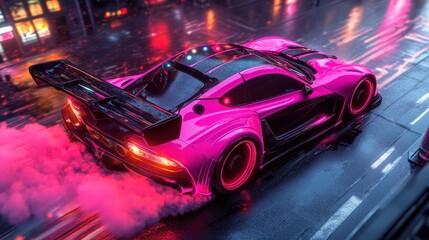 A pink sports car with a black spoiler and black accents drifts on a wet city street at night with pink smoke coming from the tires.