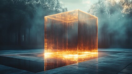 Aufkleber - The glowing cube stands in a tranquil forest environment, surrounded by mist and illuminated softly by dawn light. The atmosphere feels mysterious and captivating.