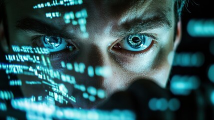 Close-up of a man's intense gaze focused on a computer screen, with lines of code reflecting in his eyes.