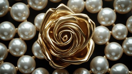 Elegant gold rose symbol encircled by delicate white pearls, creating a luxurious and sophisticated design. The shimmering gold rose stands as the centerpiece, exuding elegance and beauty, 