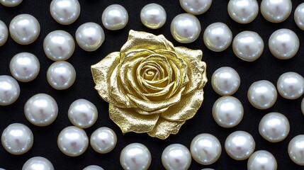 Elegant gold rose symbol encircled by delicate white pearls, creating a luxurious and sophisticated design. The shimmering gold rose stands as the centerpiece, exuding elegance and beauty, 