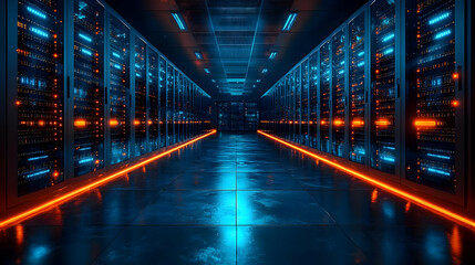 Poster - Futuristic data center with glowing lights and server racks.