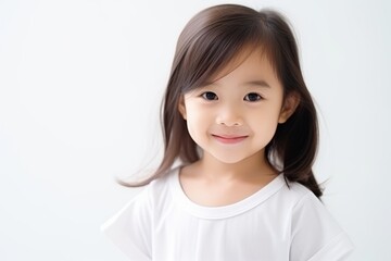 cute asian little girl in white t-shirt isolated on white background