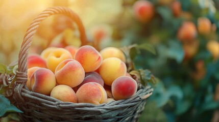 Basket Filled with Ripe Peaches in a Sunny Orchard