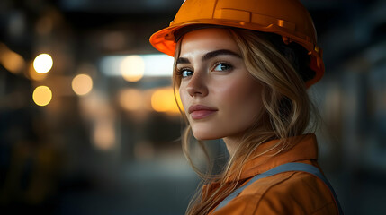 Canvas Print - A young woman in a hard hat poses in an industrial setting.