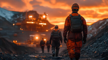 Workers in safety gear walking towards an industrial site at sunset.