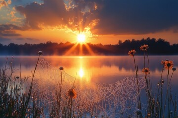 Fototapete - A stunning sunrise over a misty lake with dew drops on a spider web.