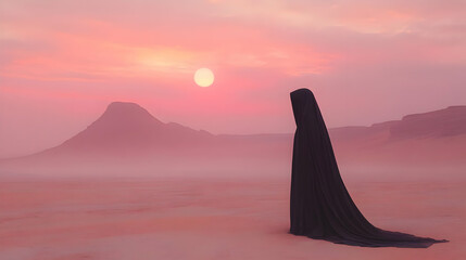 Wall Mural - A cloaked figure stands in a vast landscape at sunset.