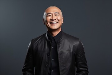 Wall Mural - Portrait of a smiling mature asian man in black leather jacket