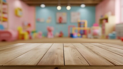 Wall Mural - 3D rendering of a wooden table with empty space above a blurred background of a children s room featuring toys ideal for product display presentation