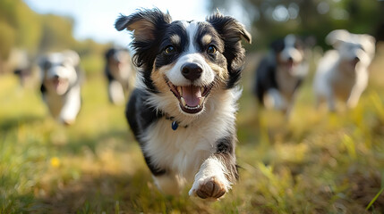 Wall Mural - A joyful dog running in a field with other dogs in the background.