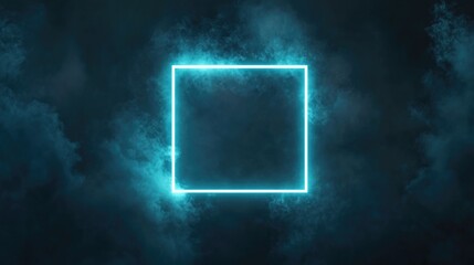 Poster - 3D Rendering Of A Blank Neon Blue Square Frame On A Dark Grunge Background Empty Neon Blue Sign Cube Frame Illuminated Glowing Neon Border