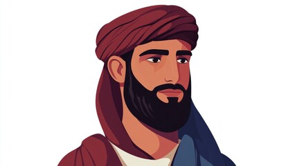 portrait of a young middle eastern man with a beard dressed in traditional attire flat cartoon illus