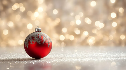 Sticker - A festive red Christmas ornament on a sparkling surface with lights.