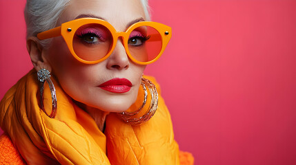 Poster - A stylish older woman with vibrant accessories against a pink backdrop.