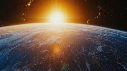 Wall Mural - highly detailed epic sunrise from space in 3d cartoon rendering