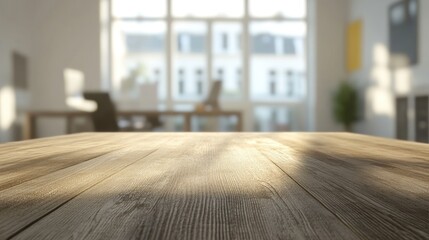 Wall Mural - 3D rendering of an empty wooden tabletop with a blurred office environment in the background