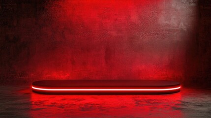 Wall Mural - Red neon light product display on a grunge floor stage with a glowing spotlight and blank platform 3D rendering