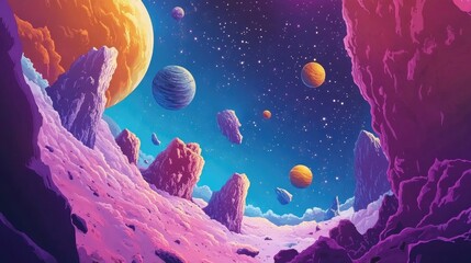 Wall Mural - 3d cartoon depiction featuring a 2d illustration background image of a cartoon cosmos deep interstel