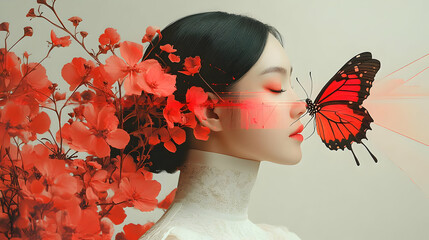 Poster - A serene portrait of a woman with a butterfly and floral elements.