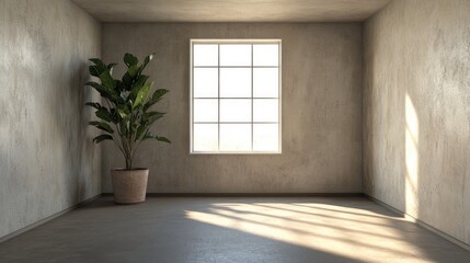 Poster - 3D rendering of a spacious vacant room featuring a window and a potted plant devoid of furniture and decorations