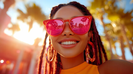 Wall Mural - A smiling woman with sunglasses in a vibrant outdoor setting.