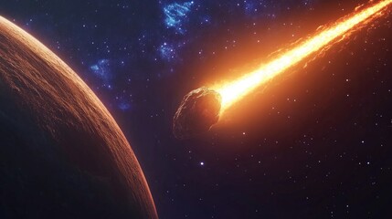 Wall Mural - 3D cartoon depiction of a glowing asteroid and a comet tail approaching the planet posing a threat to Earth s safety