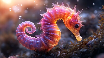 A vibrant, colorful seahorse with a spiral tail swims through a dreamy underwater scene.