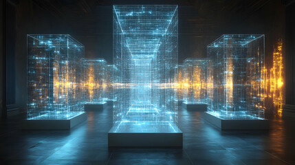 Wall Mural - Futuristic glowing cubes in a dark, immersive environment.