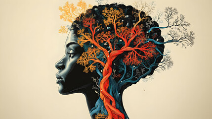 Poster - A silhouette of a woman with a vibrant tree-inspired hairstyle.