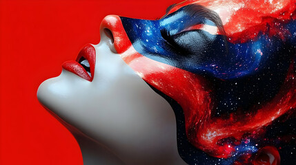 Poster - A woman's face painted with a cosmic design against a red background.