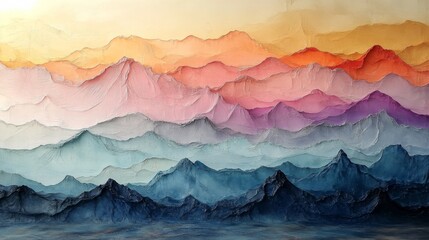 Aufkleber - A serene landscape features layers of textured mountains showcasing a gradient of colors from deep blue to rich orange and pink, evoking a peaceful sunset atmosphere in nature.