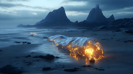 Sticker - A glowing, molten-like formation on a serene beach landscape.