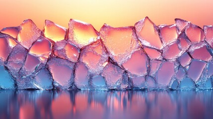 Poster - A stunning display of broken ice pieces catches the warm colors of a sunset, creating a striking contrast against a serene reflective surface. This tranquil moment captures nature's beauty.