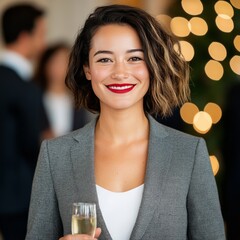 A smiling woman in a gray suit holding a drink at a social gathering.