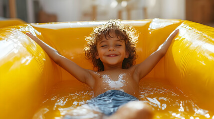 Canvas Print - Happy child enjoying a sunny day in a yellow inflatable pool.