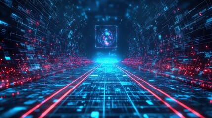 Abstract digital tunnel with red and blue glowing lines.