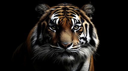 Canvas Print - Close Up Tiger Portrait: Majestic Stripes, Fierce Gaze, Black Background