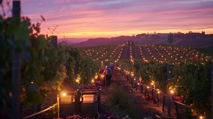 Canvas Print - Vineyard Workers at Sunset