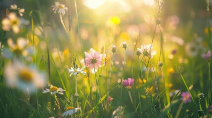 Wall Mural - sunlit meadow of flowers