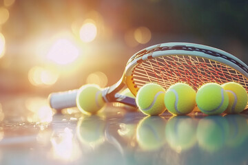 Tennis Racket and Balls on Court During Golden Hour