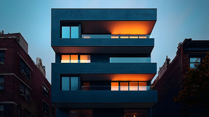 Wall Mural - Modern architectural design with layered balconies and warm lighting.